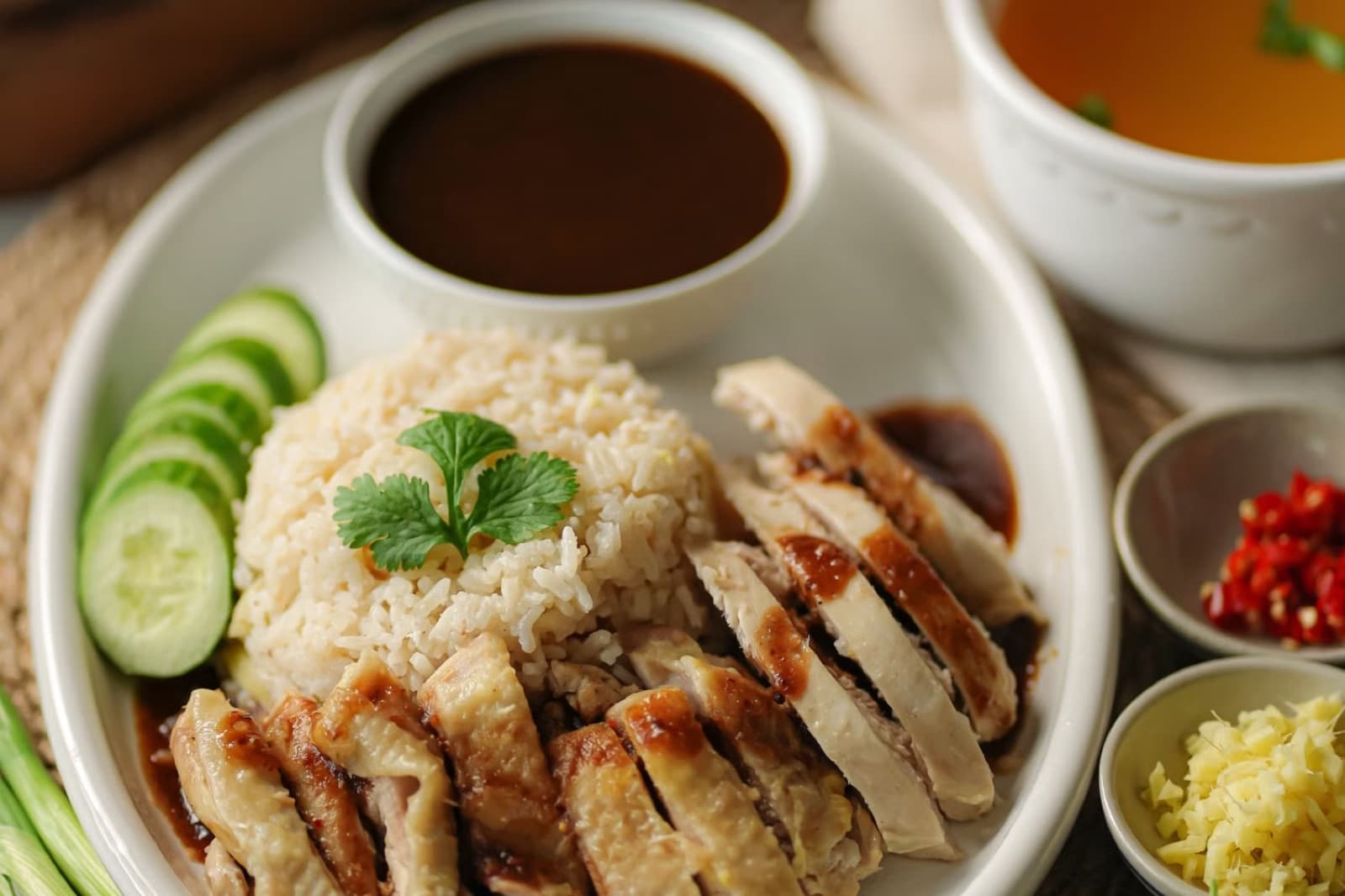 Hainan chicken rice with sliced chicken, rice, cucumber, and side sauces.